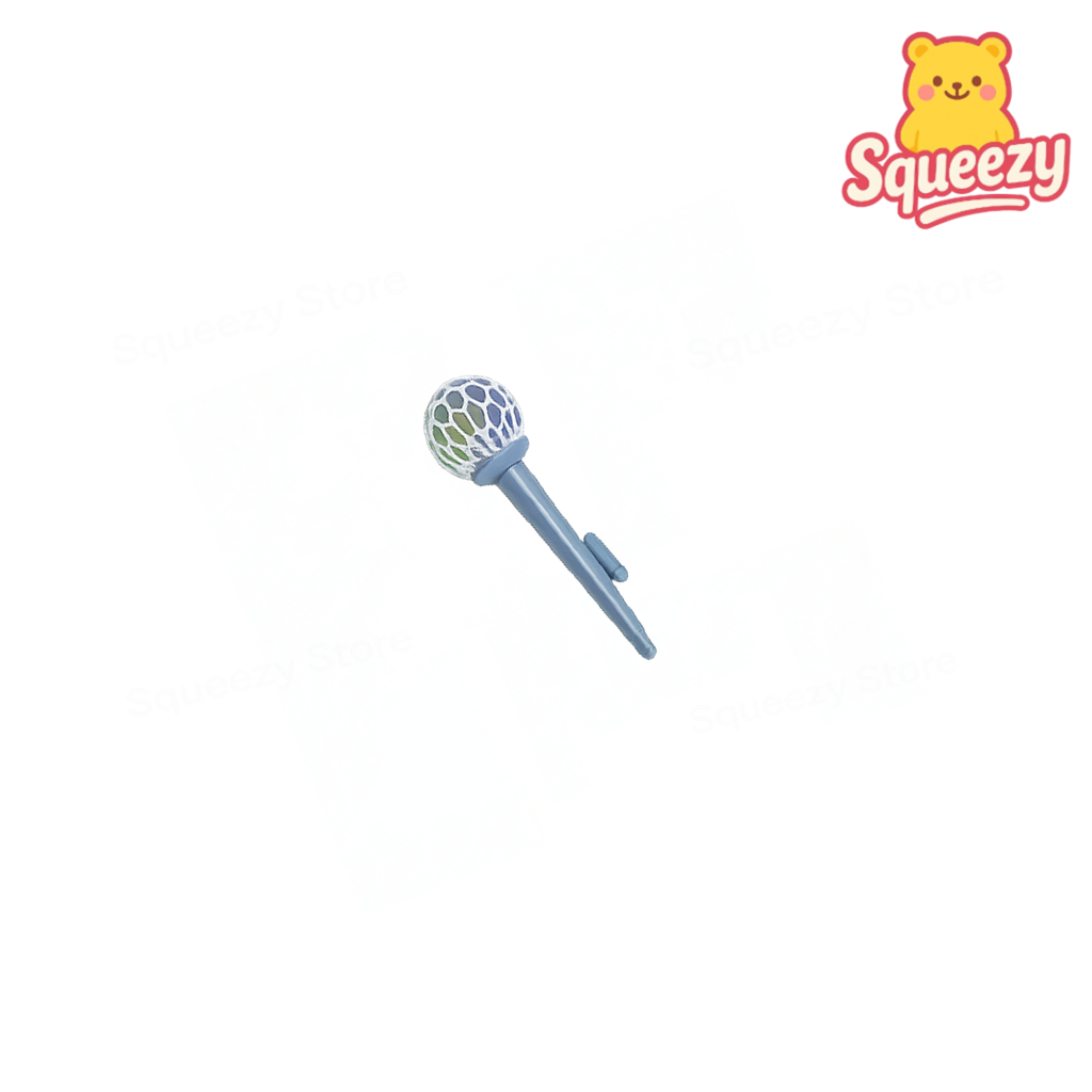 Colorful lollipop with a bear character labeled 'Squeezy' on a white background