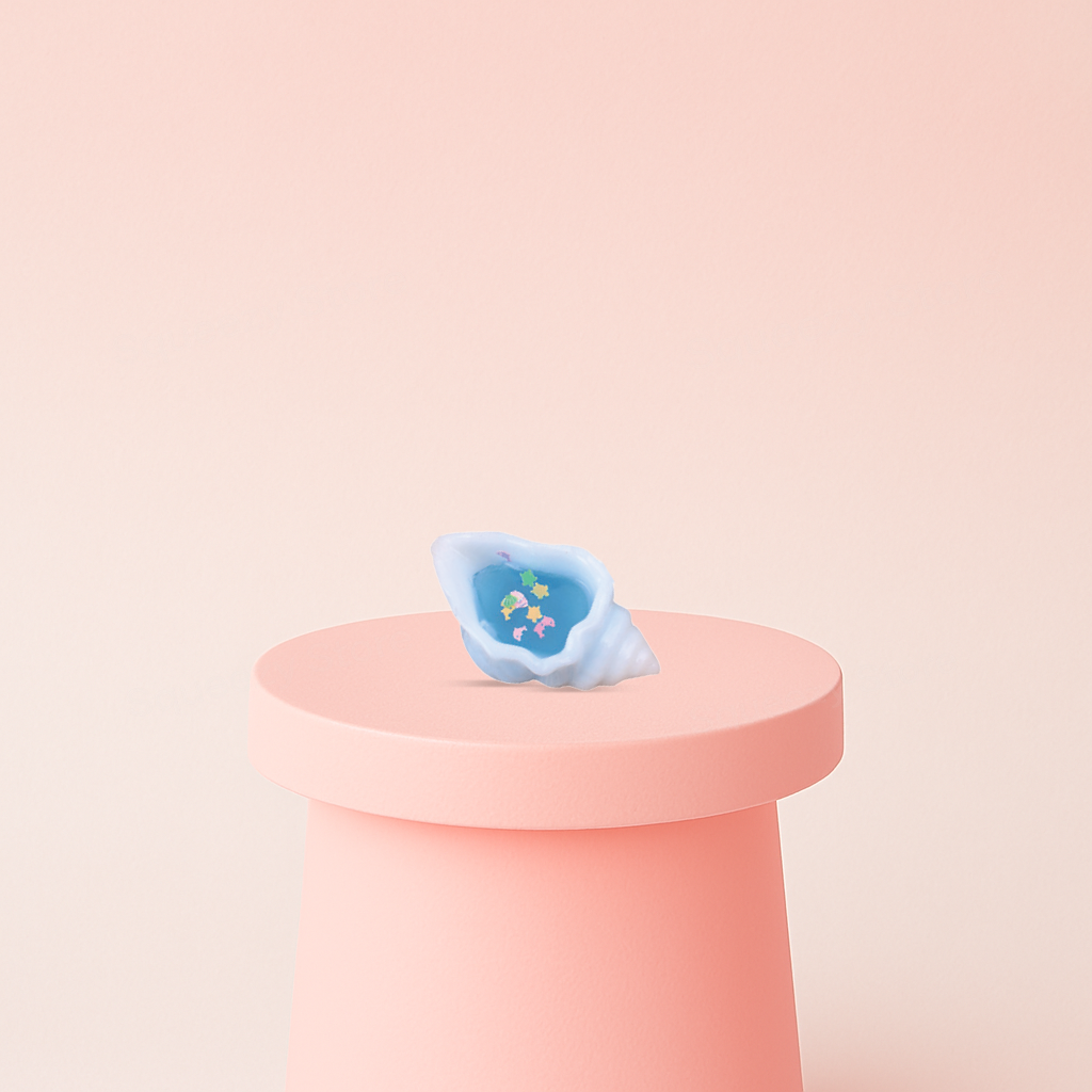Conch Squishy shaped like a realistic seashell with a translucent blue center and tiny starfish decorations.