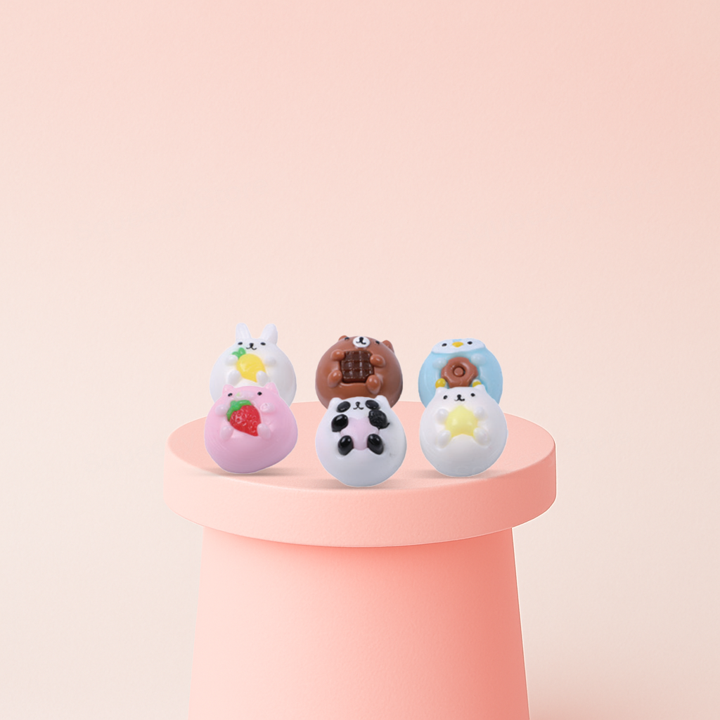 Cute Animal Squishies featuring chick, bear, monkey, strawberry pig, panda, and cat mini slow-rising stress relief toys.