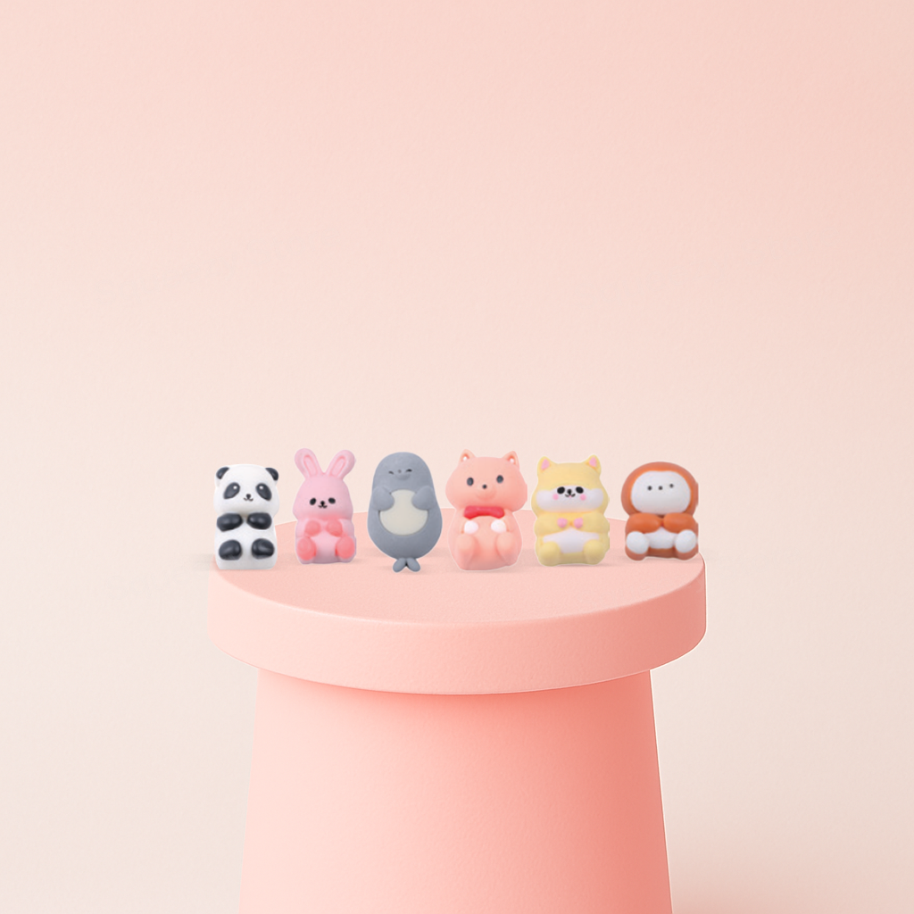 Cute Animals Mix Squishies featuring bunny, penguin, monkey, panda, pig, cat, and hamster slow-rising stress relief toys.