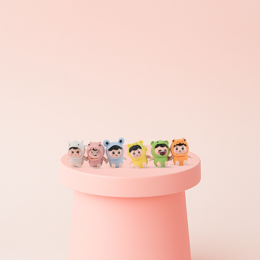 Cute Baby with Animal Costume mystery blind box featuring collectible baby squishies in animal costumes.