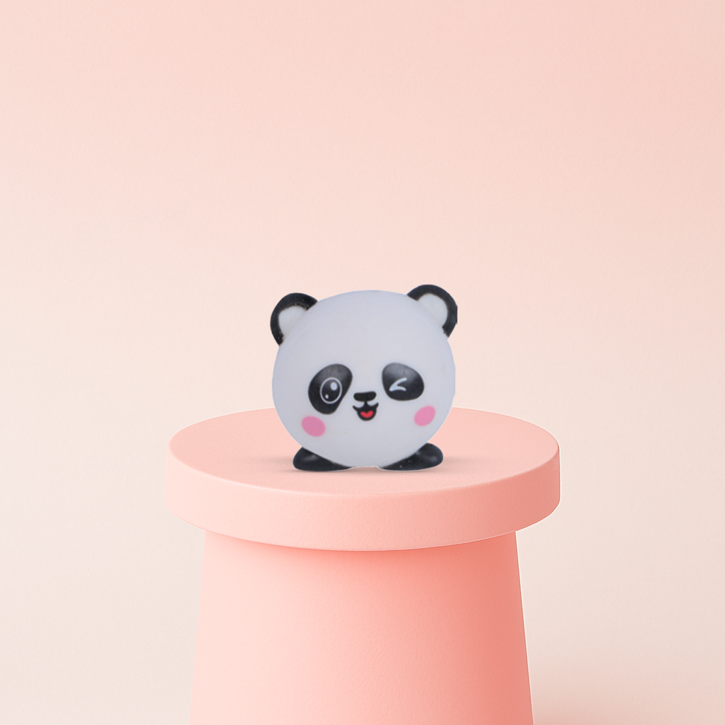 Cute EVA Bear displayed on a pastel stand, soft panda sensory toy for stress relief.