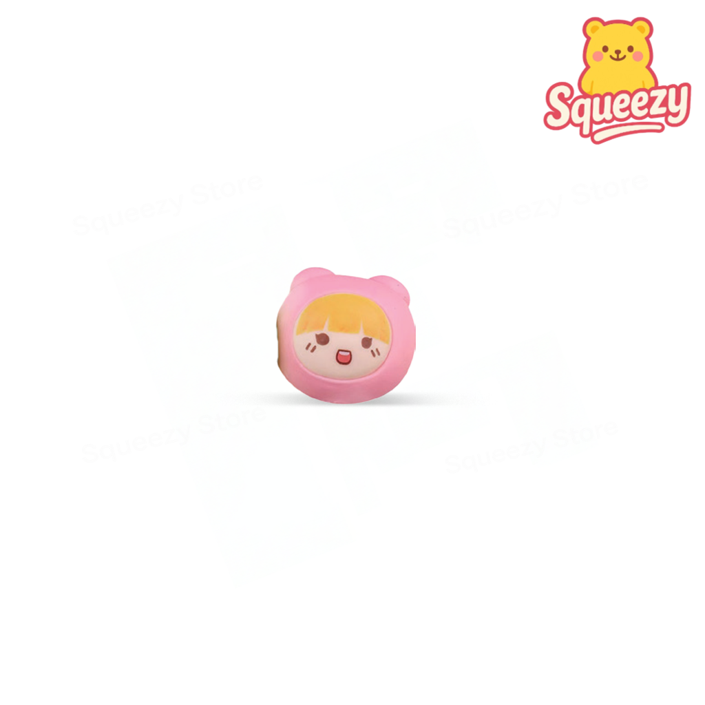 Cute Squishy soft EVA stress relief toy with blonde hair and pink hood.