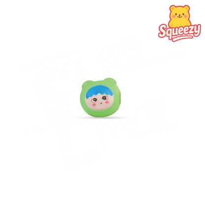 Cute Squishy soft EVA stress relief toy with blue hair and green hood.