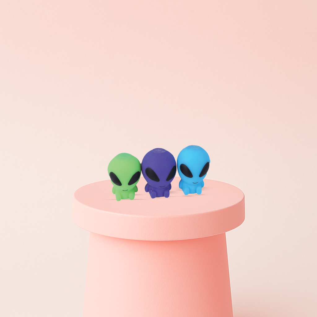 EVA Alien soft EVA stress relief toy in green, purple, and blue alien designs.