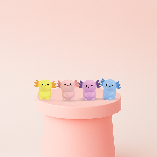 EVA Axolotl soft EVA stress relief toy in pastel yellow, pink, purple, and blue axolotl designs.