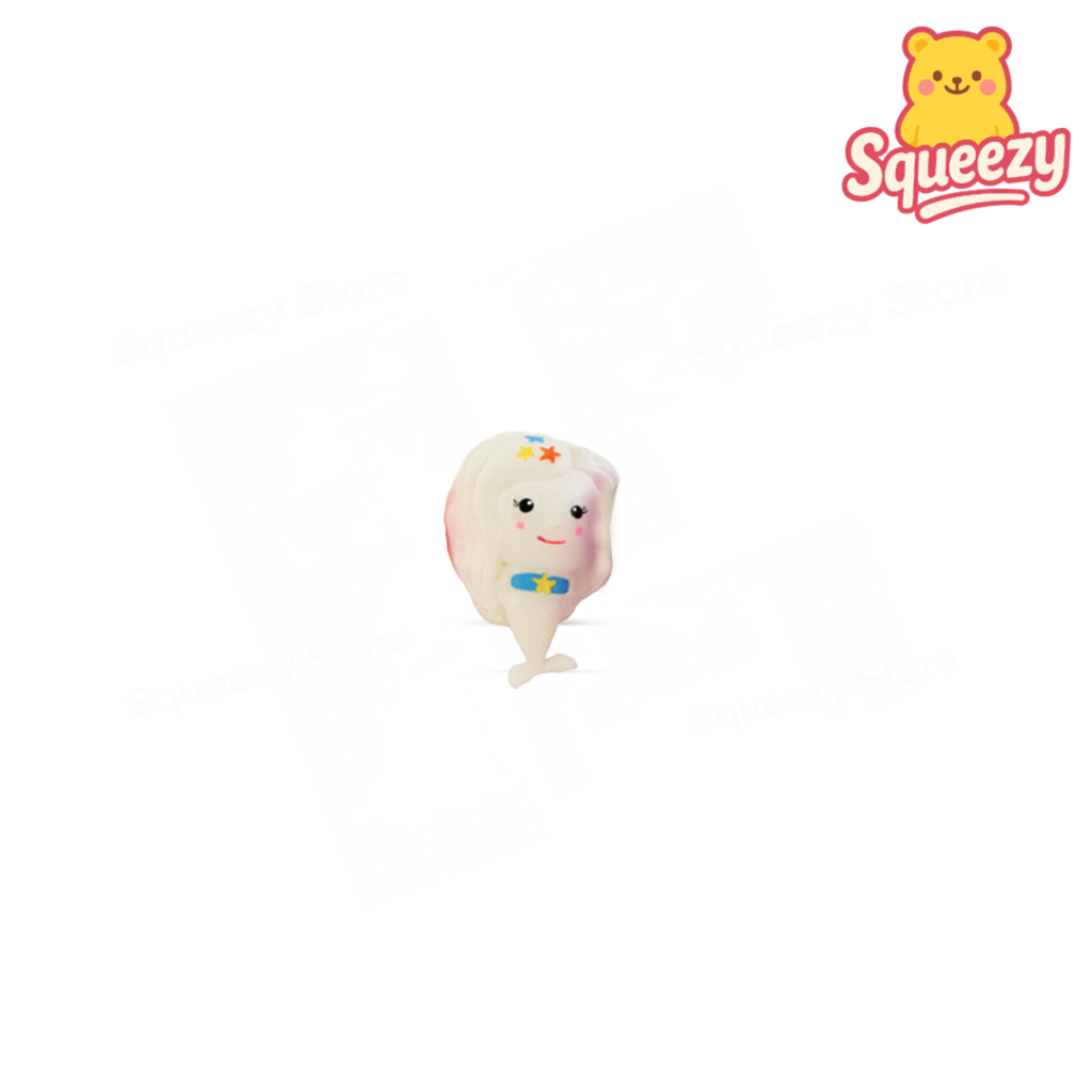 Cream EVA Mermaid soft sensory toy with cute expression and blue seashell top.