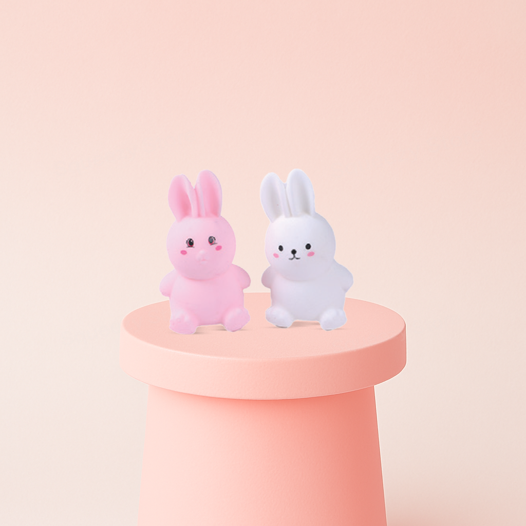 EVA Rabbit soft EVA stress relief toy in pink and white rabbit designs.