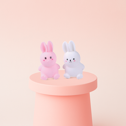EVA Rabbit soft EVA stress relief toy in pink and white rabbit designs.