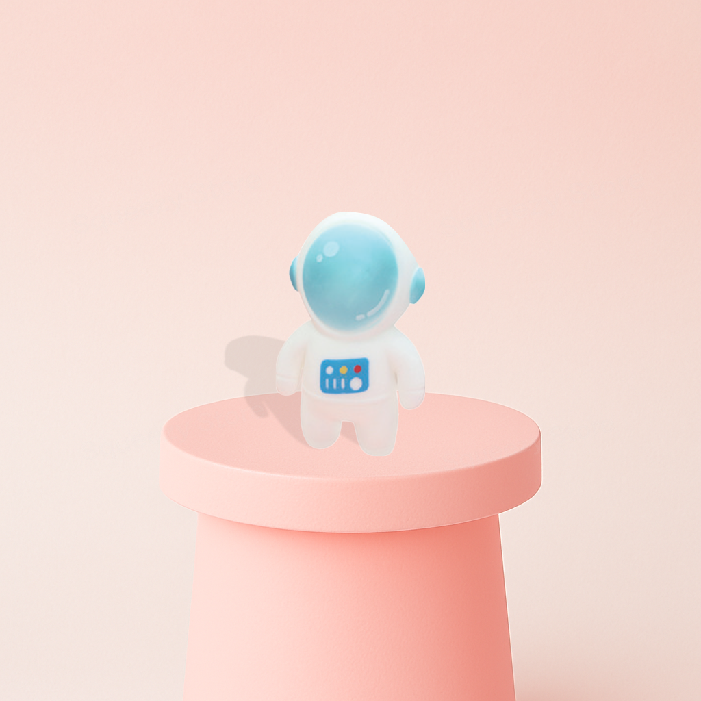 EVA Astronaut soft sensory toy with white spacesuit, blue visor, and colorful chest control panel.