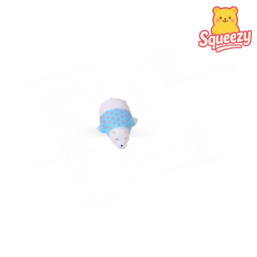 EVA Bear Wearing Shirt with blue polka-dot shirt soft stress relief toy.