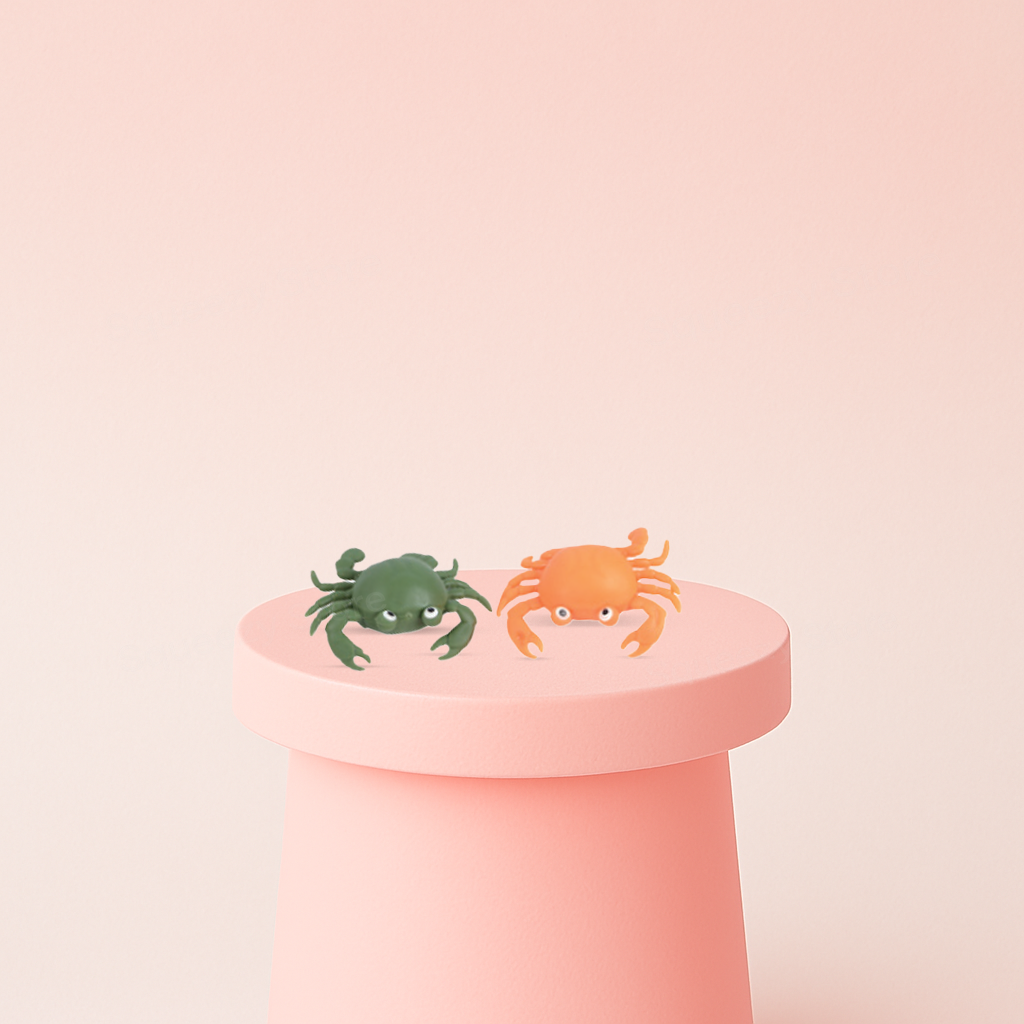 EVA Crab with Mesh Bag soft EVA stress relief toy in green and orange crab designs.