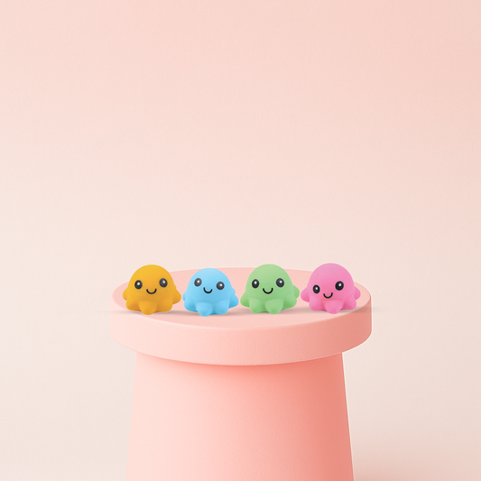 EVA Fat Octopus soft EVA stress relief toy in blue, yellow, green, and pink octopus designs.