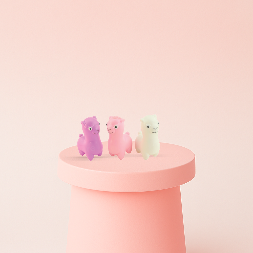 EVA Llama soft EVA stress relief toy in purple, pink, and cream llama designs.