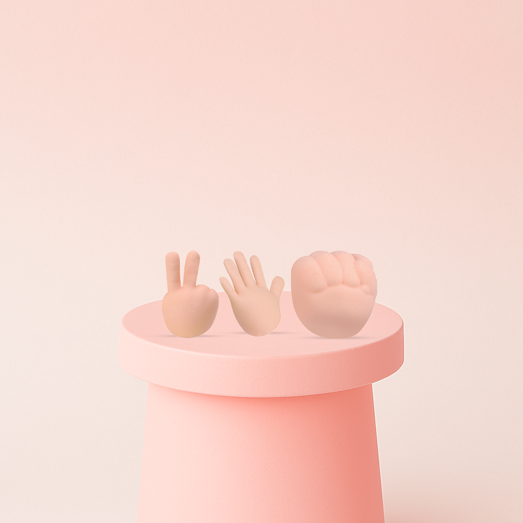 EVA Rock, Scissor, Paper soft EVA stress relief toys shaped like rock, scissors, and paper hand gestures.