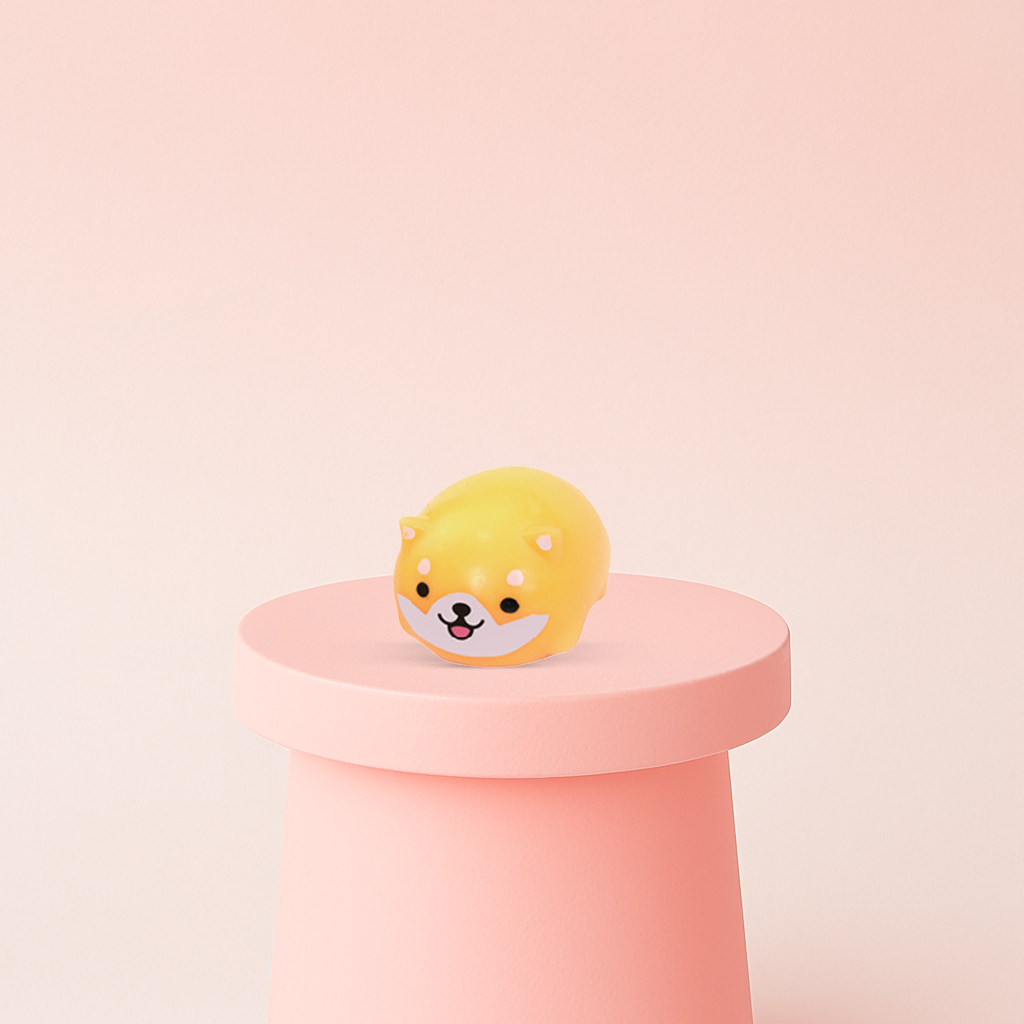 EVA Shiba Style displayed on a pastel stand, soft sensory toy for stress relief.
