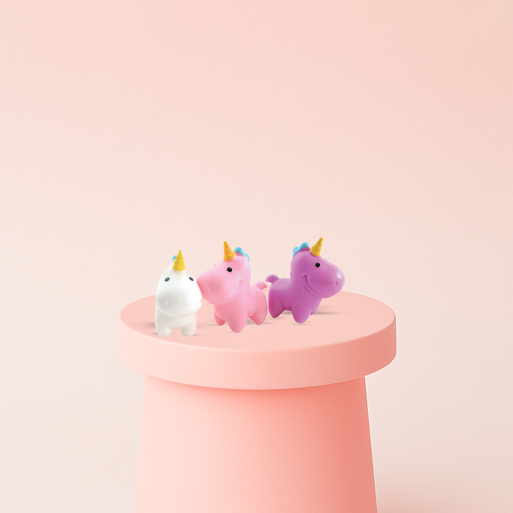 EVA Unicorn, Style1 soft EVA stress relief toy in white, pink, and purple unicorn designs.