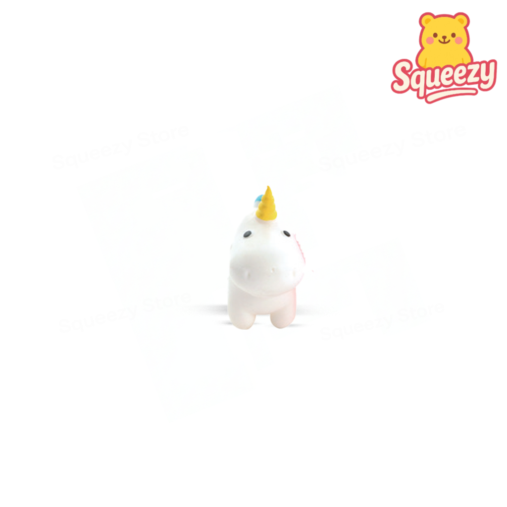 White EVA Unicorn, Style1 soft stress relief toy with golden horn and rainbow mane.