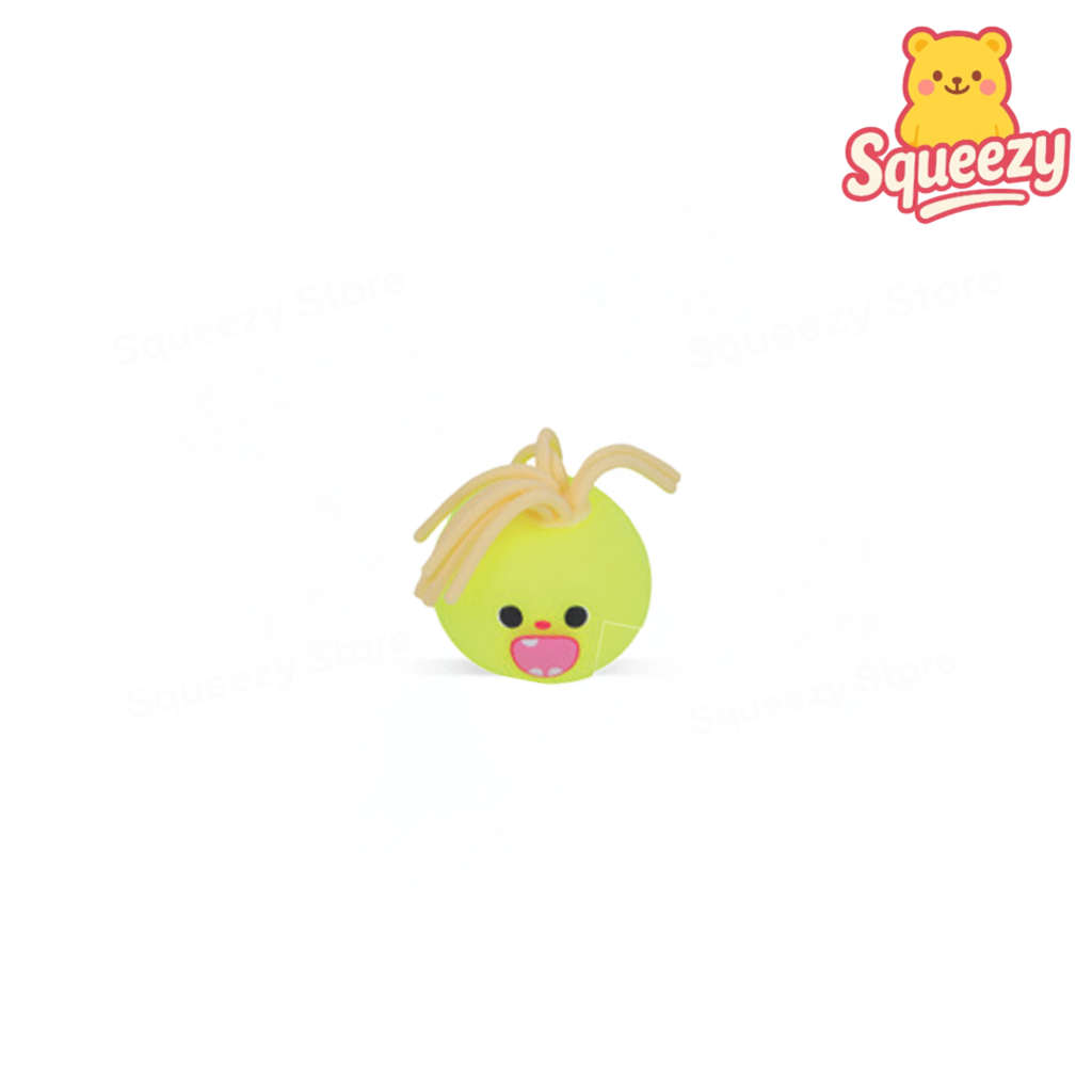 Yellow Emoji Face EVA Ball with Hair soft stress relief toy with blonde rubber hair.