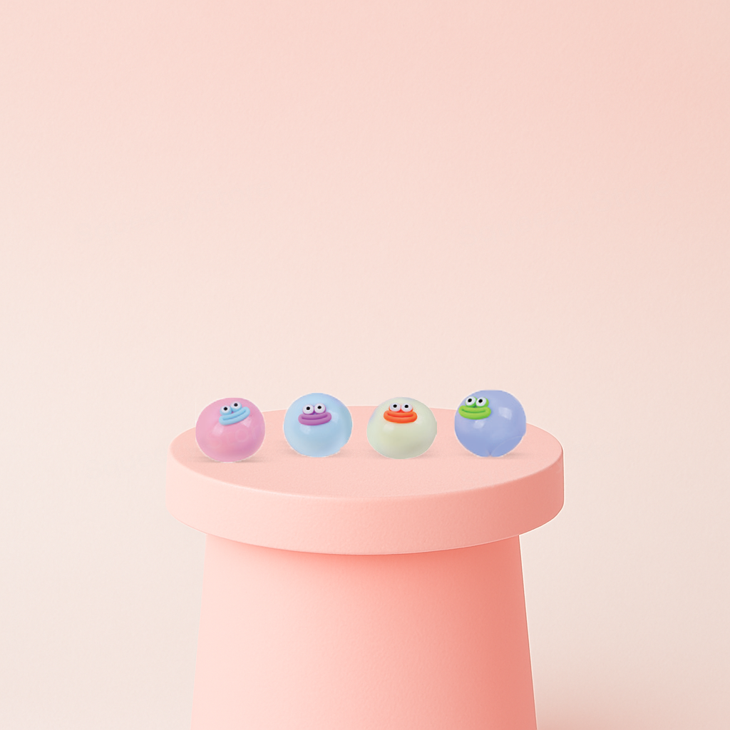 Eva Naughty Ball stress relief toys in pastel pink, blue, white, and green colors with funny smiling faces.