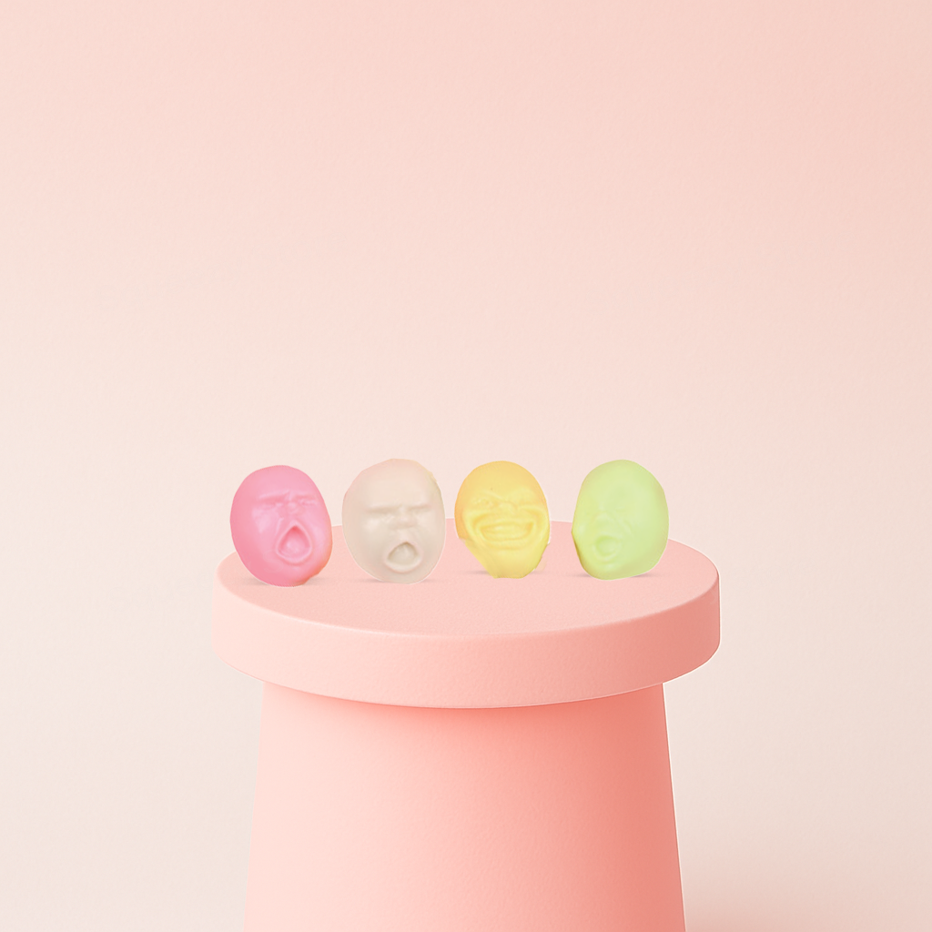 Face Emoji Squishies in pink, yellow, green, and cream colors with funny facial expressions.