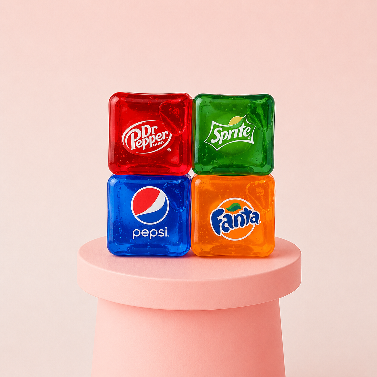 Four colorful soda cube squishies in red, green, blue and orange displayed together on a pink pedestal