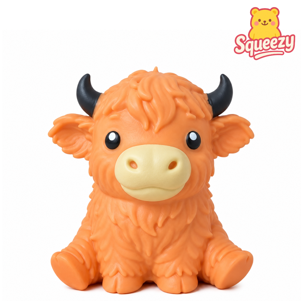 Front view of Orange Highland Cow Jumbo Squishy with realistic fluffy details and soft slow rising foam