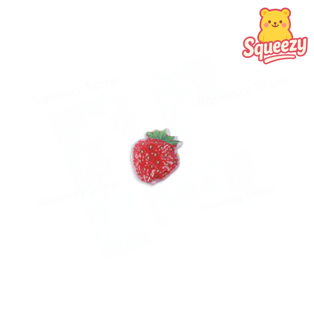 Strawberry-shaped product with a bear character labeled 'Squeezy' on a white background