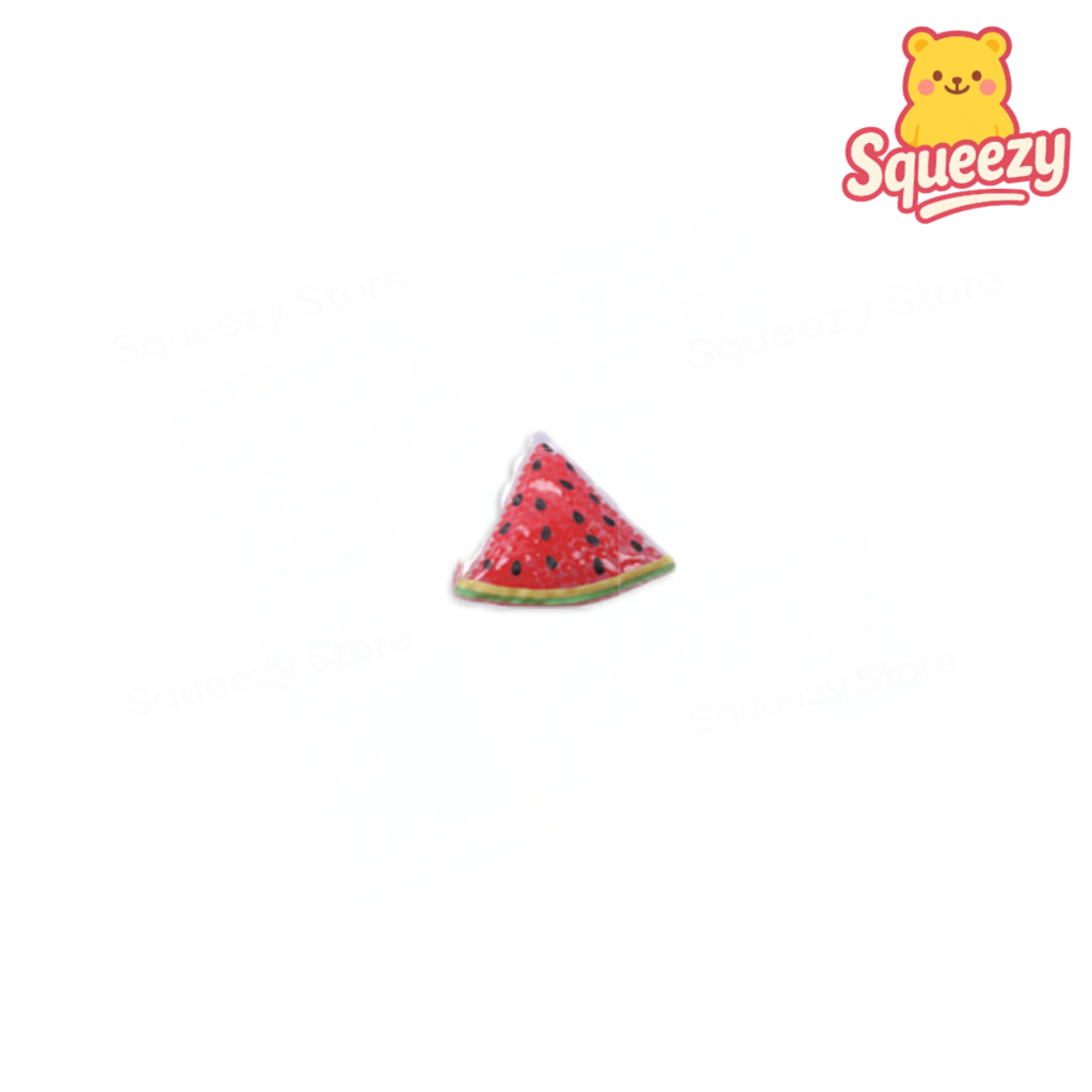 Watermelon slice-shaped toy with 'Squeezy' branding on a white background