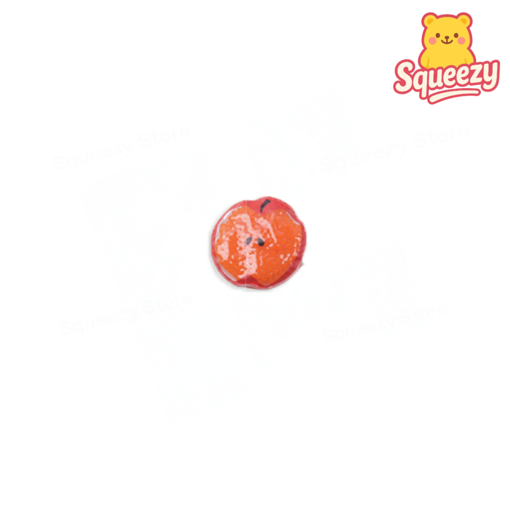 Small round orange toy with 'Squeezy' branding on a white background