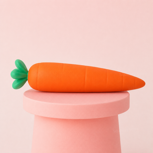 Giant Carrot Squishy jumbo orange stress relief toy displayed on a pink stand with soft green leaves.