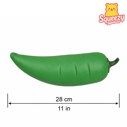 Giant Green Chili Pepper Jumbo Squishy with size reference measuring approximately 28 cm (11 inches)