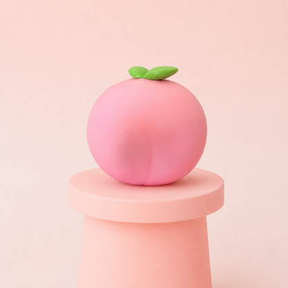 Giant Peach Squishy jumbo pink stress relief toy displayed on a pink stand with cute green leaves.
