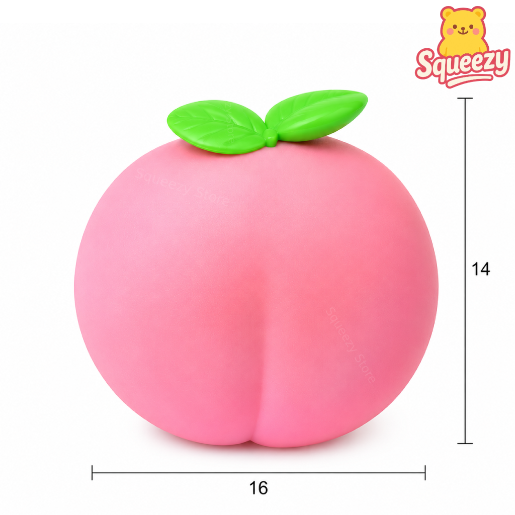 Giant Peach Squishy size comparison image showing dimensions of 16 × 14 cm.