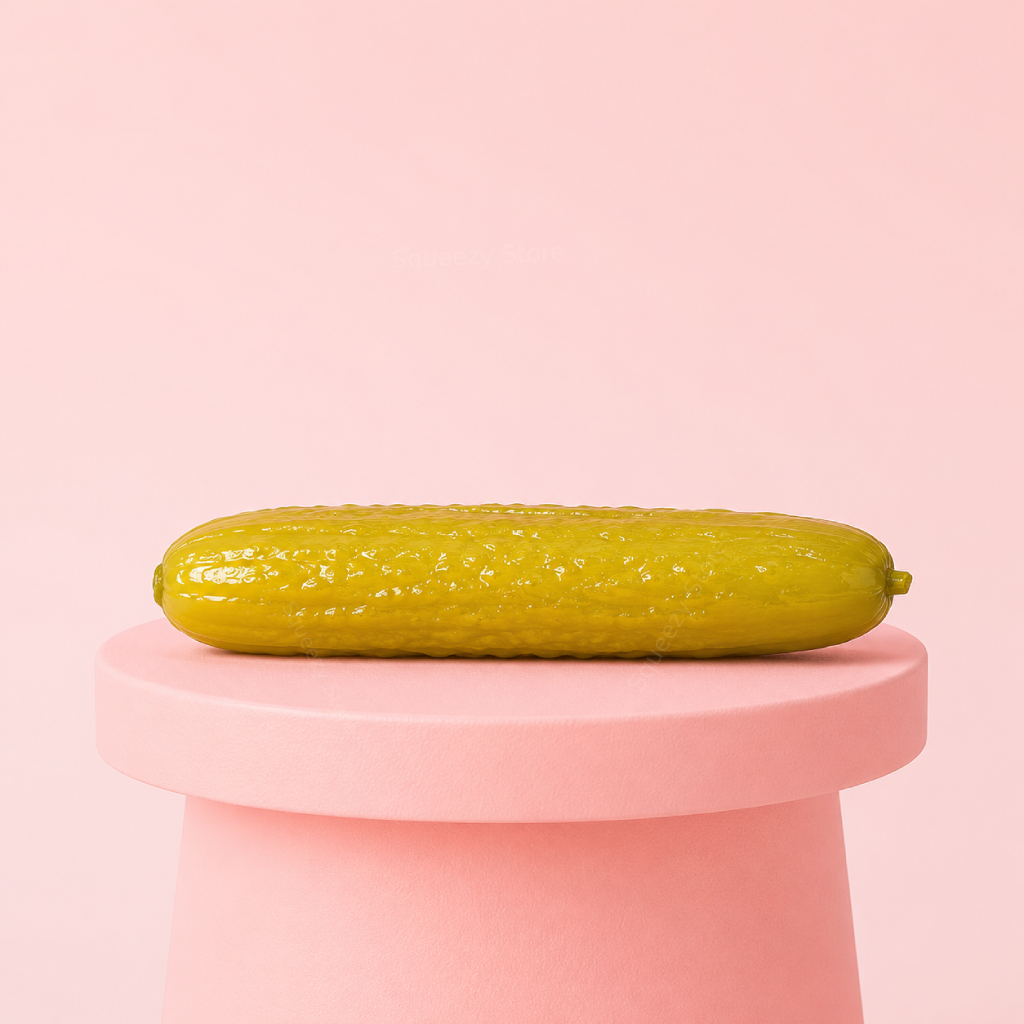 Giant Pickle Squishy jumbo green stress relief toy displayed on a pink stand with realistic pickle texture.
