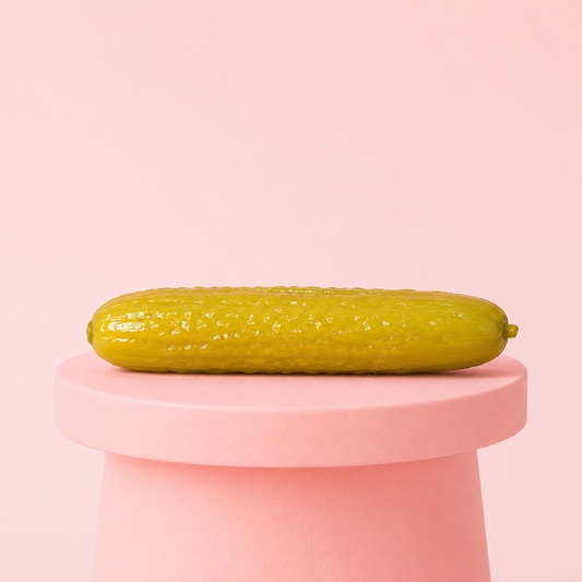 Giant Pickle Squishy jumbo green stress relief toy displayed on a pink stand with realistic pickle texture.