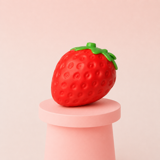 Giant Strawberry Squishy jumbo red stress relief toy displayed on a pink stand with realistic strawberry details.