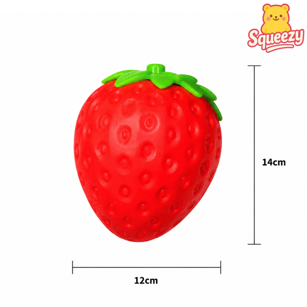 Giant Strawberry Squishy size comparison image showing dimensions of 14 × 12 cm.