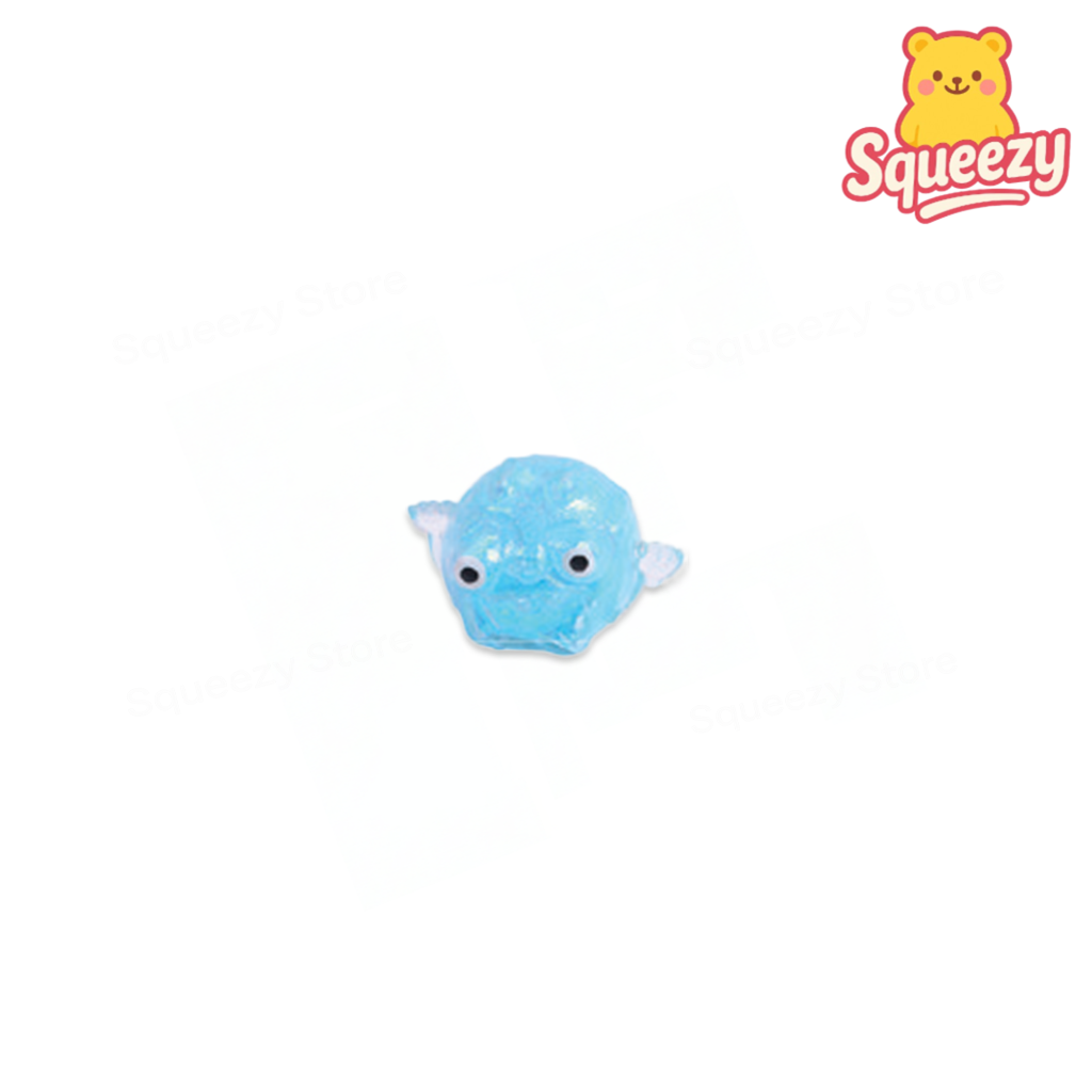 Blue plush toy with a 'Squeezy' logo on a white background