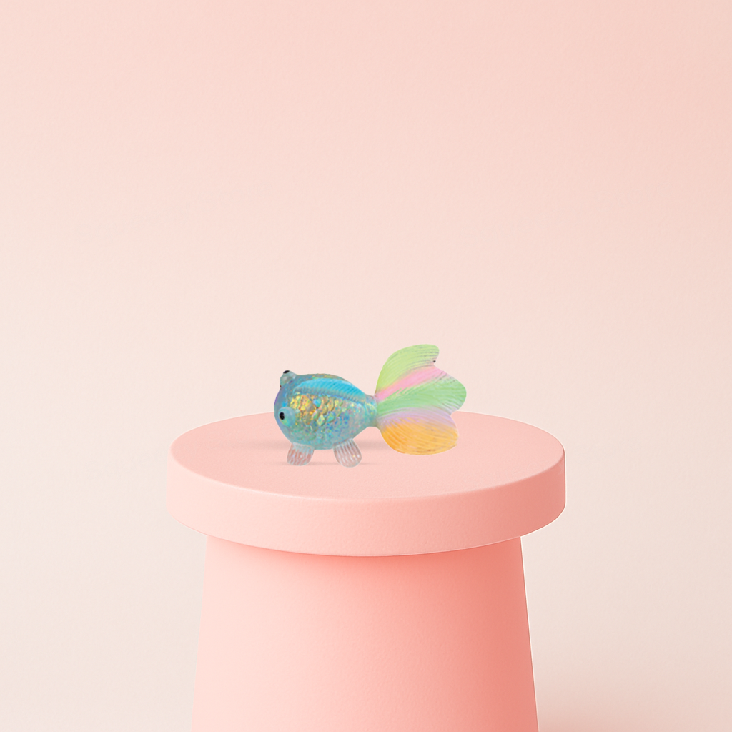 Goldfish with Maltose soft sensory toy with blue head, translucent glitter body, and pastel rainbow fins.