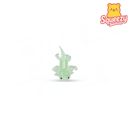 Green Axolotl Squishy soft EVA stress relief toy with translucent body and signature frilly gills.