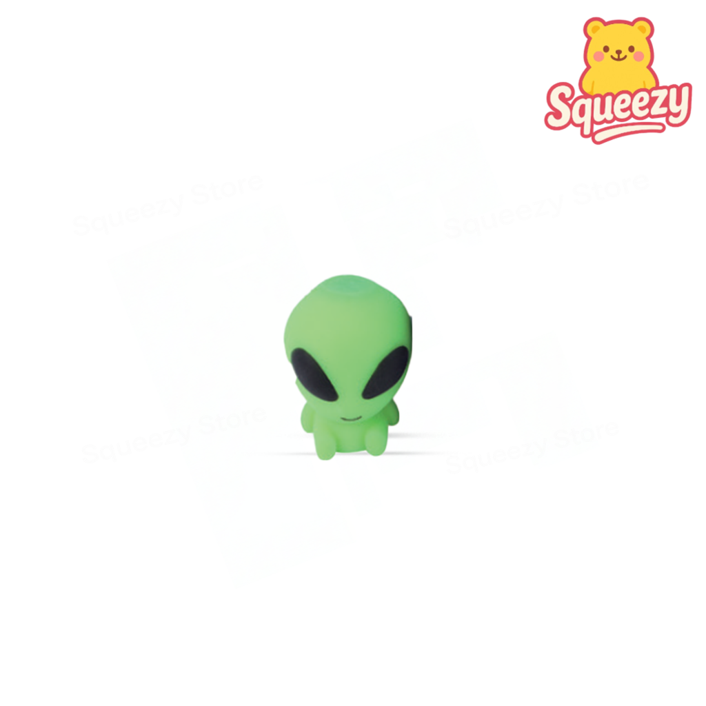 Green EVA Alien soft stress relief toy with large black eyes and rounded body.