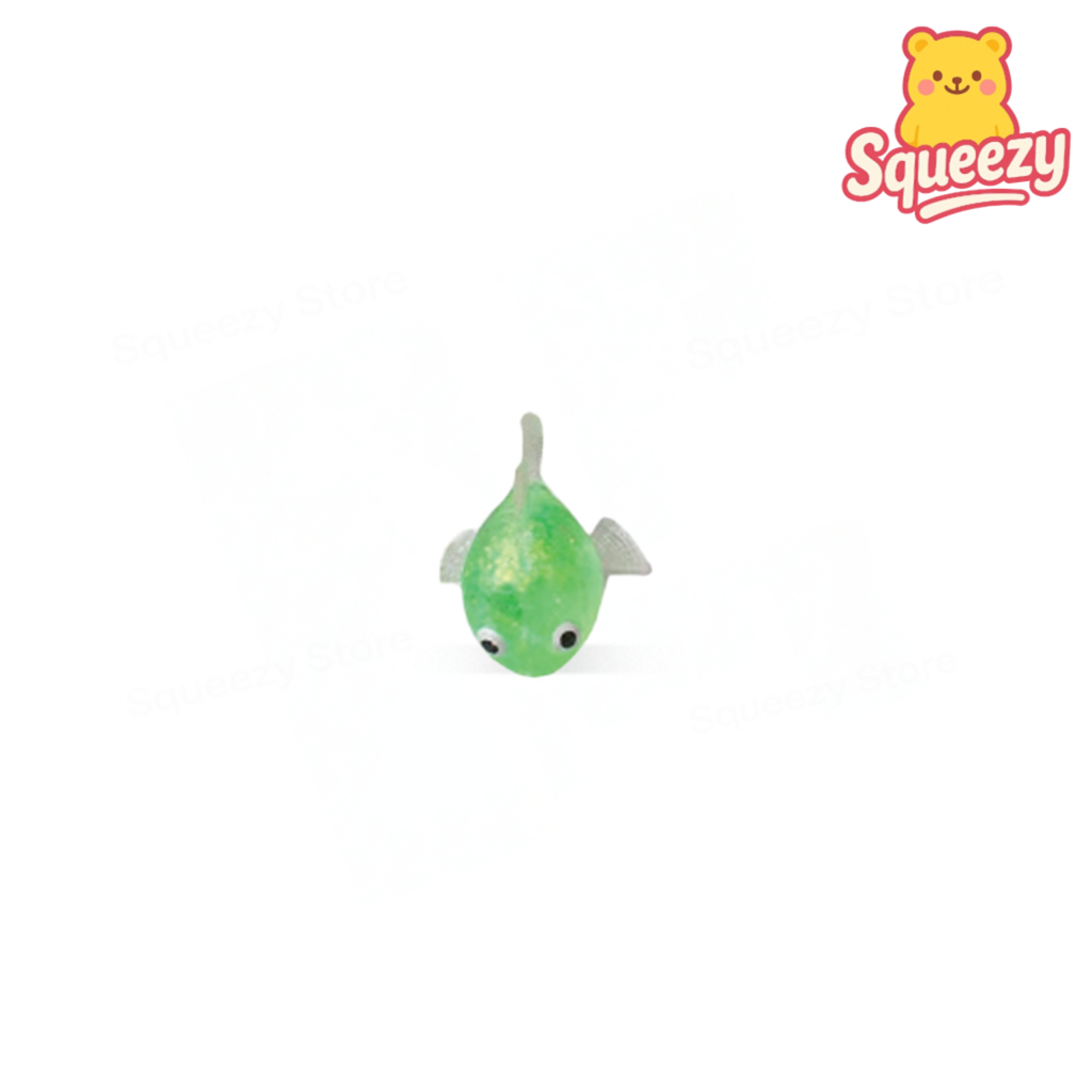 Green Small Fish with Maltose soft EVA stress relief toy with glitter-filled body.