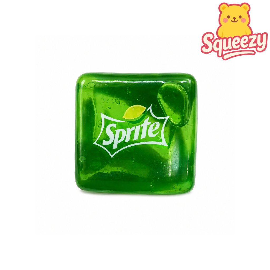 Green Sprite soda cube squishy with glossy translucent texture on a white background