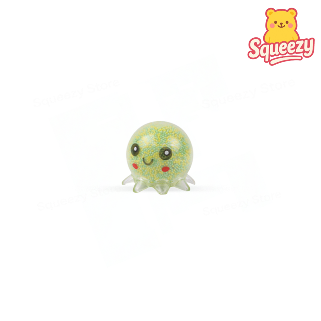 Green Squishy Octopus with Beads soft EVA stress relief toy with glittery bead filling.