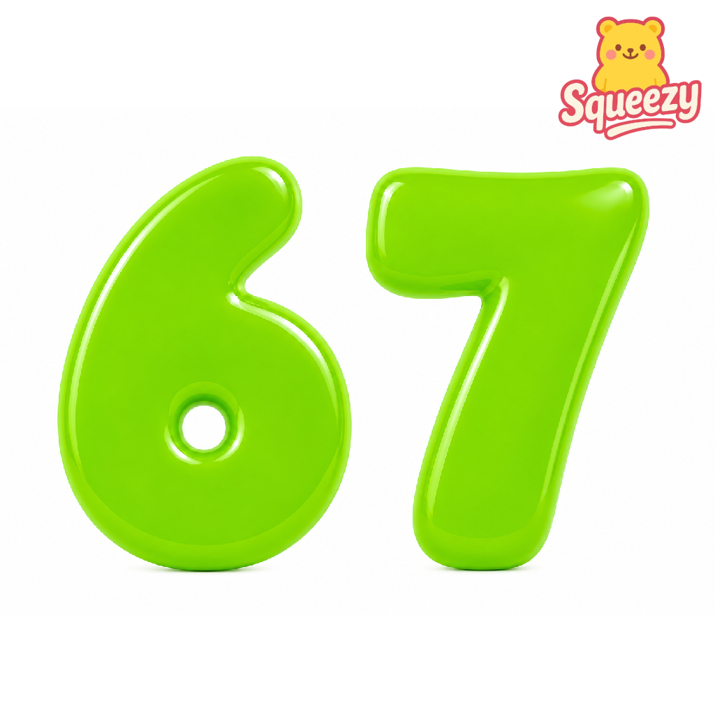 Two bright lime green inflatable number 6 and 7 balloons on a white background, with a Squeezzy brand logo in the top right corner.