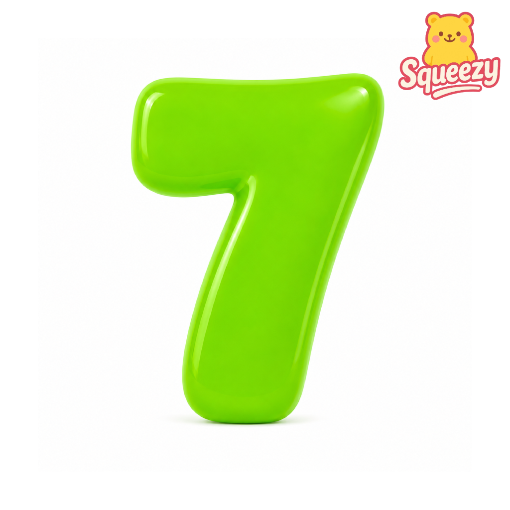 A bright lime green inflatable number 7 balloon on a white background, with a Squeezzy brand logo in the top right corner.