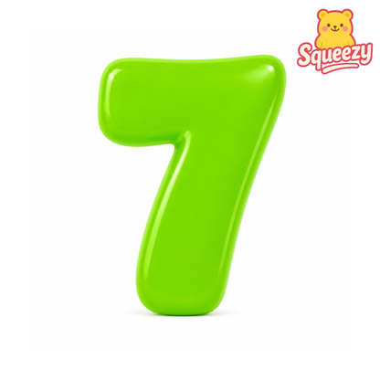 A bright lime green inflatable number 7 balloon on a white background, with a Squeezzy brand logo in the top right corner.
