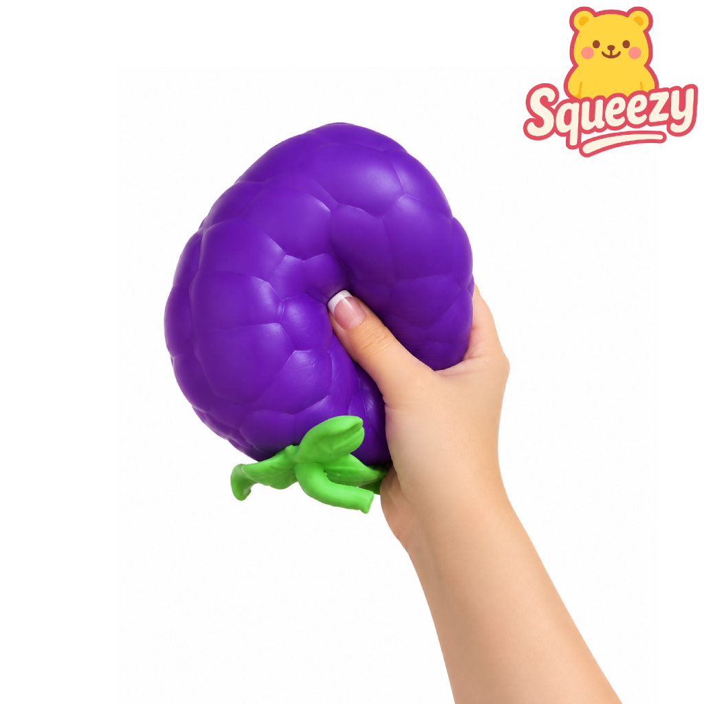 Hand holding a Giant Grape Jumbo Squishy made from soft slow rising foam with realistic grape details