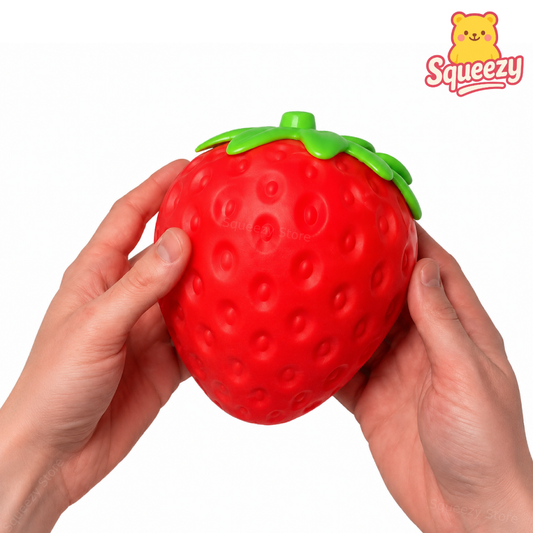 Hands holding the Giant Strawberry Squishy to show its oversized realistic strawberry design.